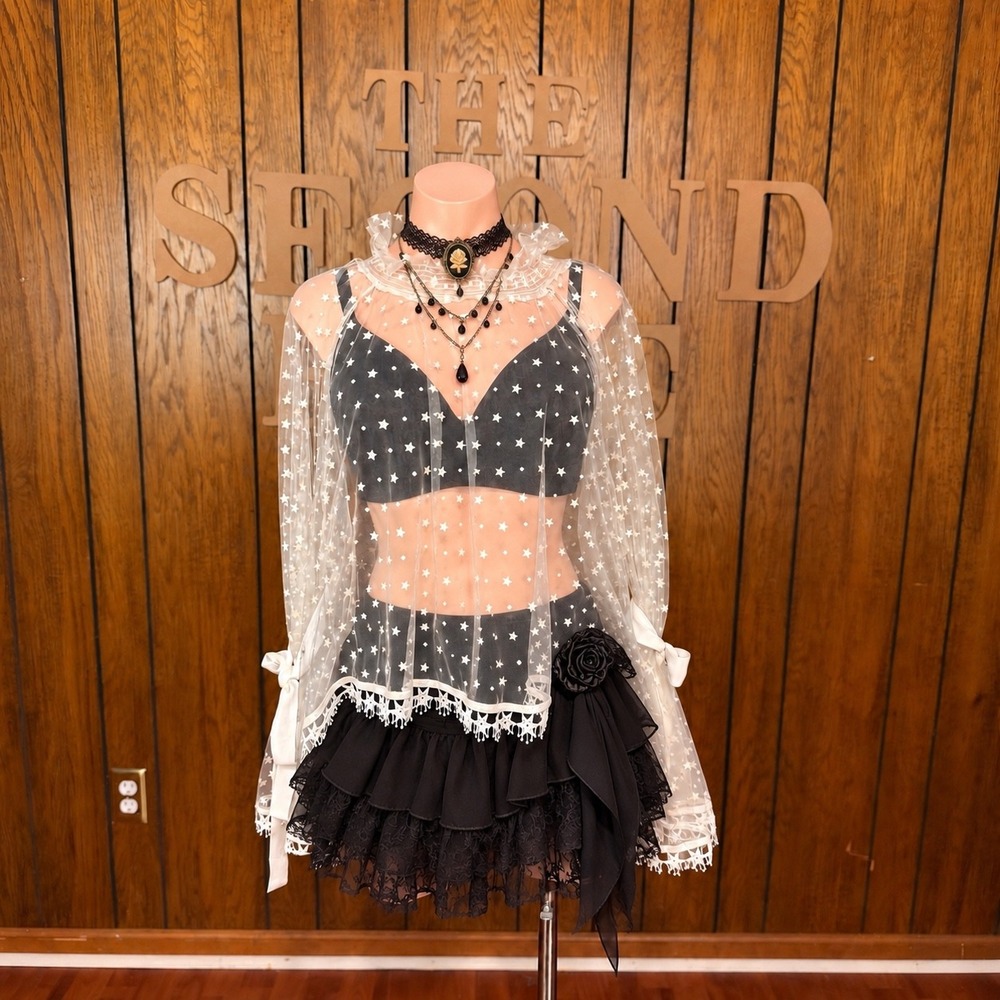 Whimsigoth Celestial White Star Mesh Sheer Top Gracia Women L Fairycore Lace